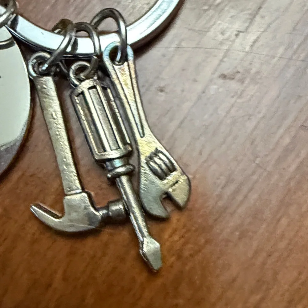 Engraved Silver Keychain with Tool Charms
